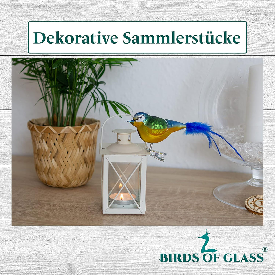Birds of Glass® Glas-Vogel, Blaumeise mit Naturfeder | Glasschmuck Made in Germany aus eigener Herst