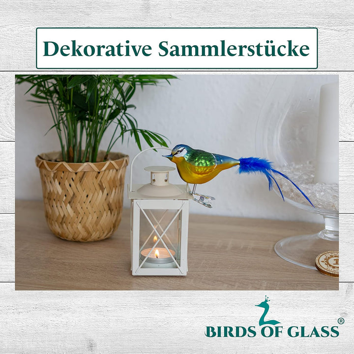 Birds of Glass® Glas-Vogel, Blaumeise mit Naturfeder | Glasschmuck Made in Germany aus eigener Herst