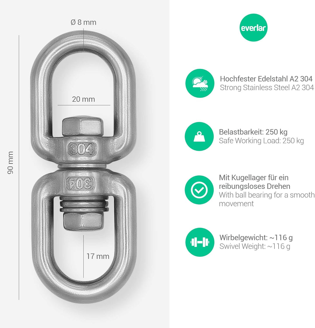 Kugelgelagerter Edelstahl Drehwirbel 8mm I 250kg I Wetterbeständig