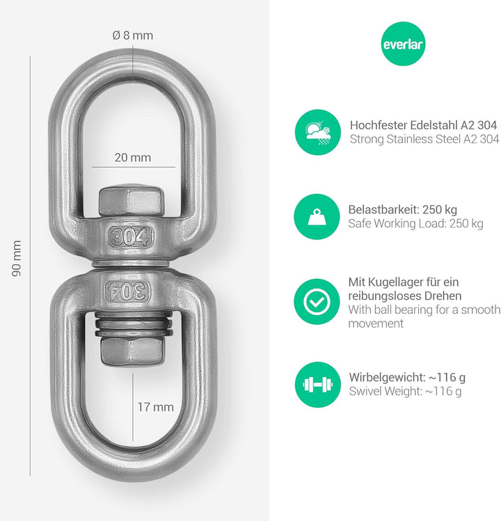 Kugelgelagerter Edelstahl Drehwirbel 8mm I 250kg I Wetterbeständig