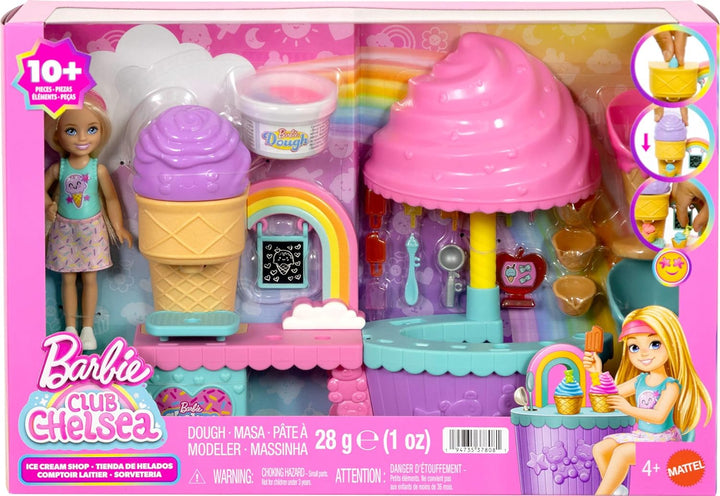 Barbie Chelsea Eisstand-Spielset mit Chelsea-Puppe, „Eismasse“ in 2 Farben und Zubehör, JMJ42
