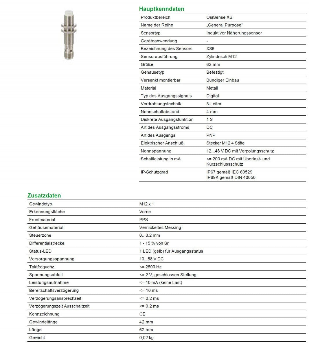 Schneider Electric - XS6 Indutiktiver Näherungsschalter. M12, L62mm, Messing, Sn 4mm, 12-48 V DC, XS