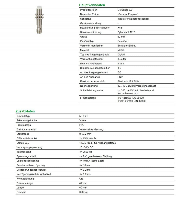Schneider Electric - XS6 Indutiktiver Näherungsschalter. M12, L62mm, Messing, Sn 4mm, 12-48 V DC, XS