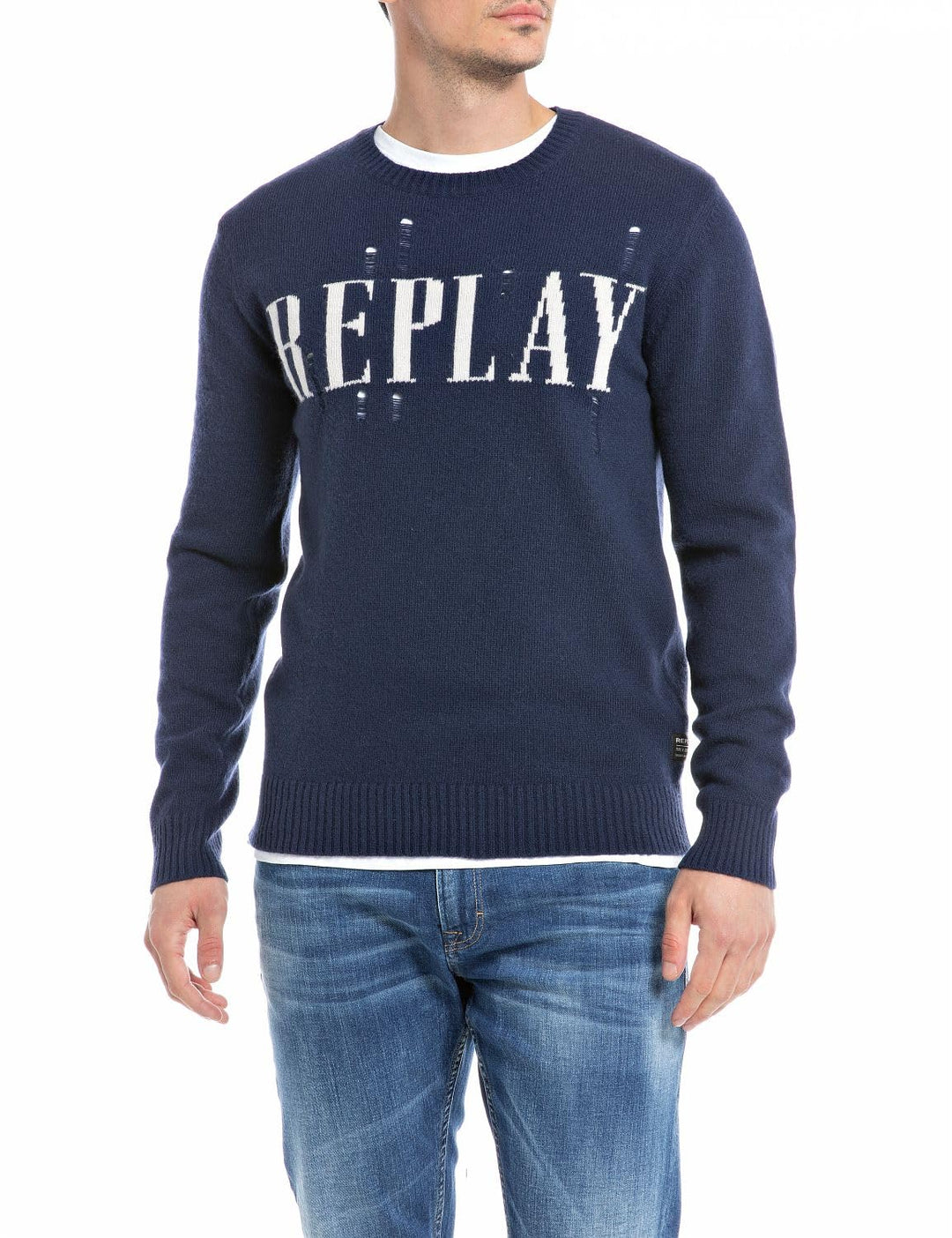Replay Herren Pullover aus Aged Wollmix XL Blue 085, XL Blue 085
