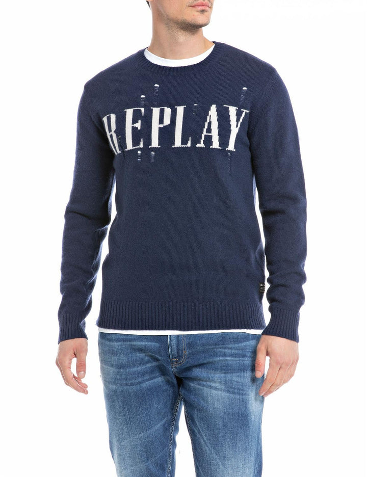 Replay Herren Pullover aus Aged Wollmix XL Blue 085, XL Blue 085