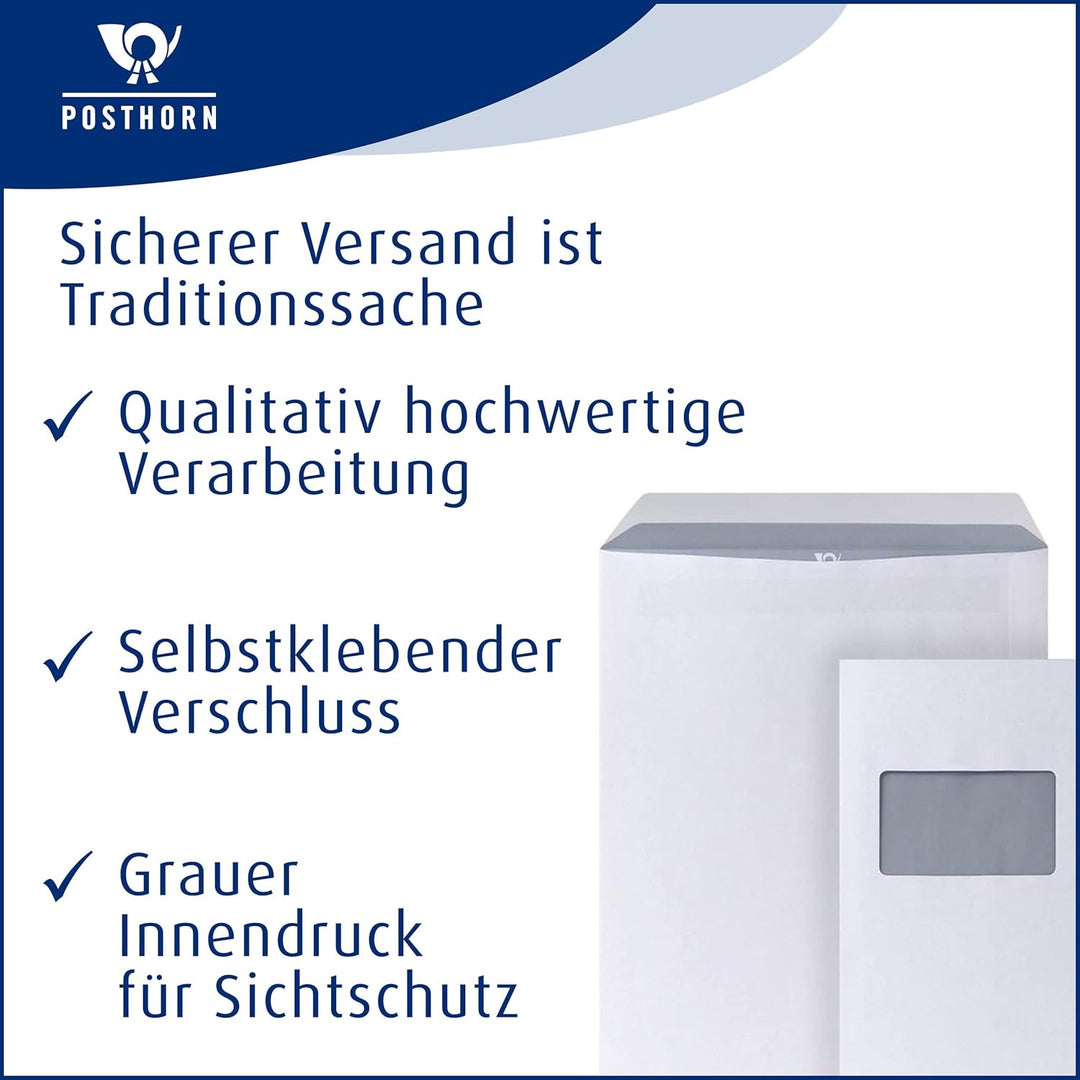 POSTHORN Versandtasche C4 (250 Stück), selbstklebende Versandtaschen mit Fenster, weisse Versandtasc