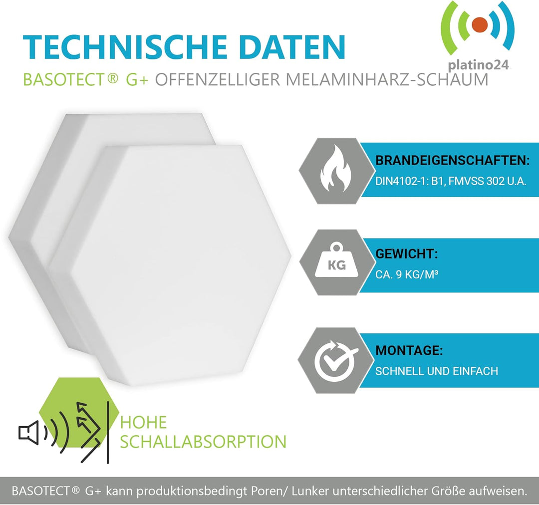 platino24 Schallabsorber aus Basotec G+ I 3D Wand-Paneele I 6 Waben aus Basotec G+ I Akustikplatten