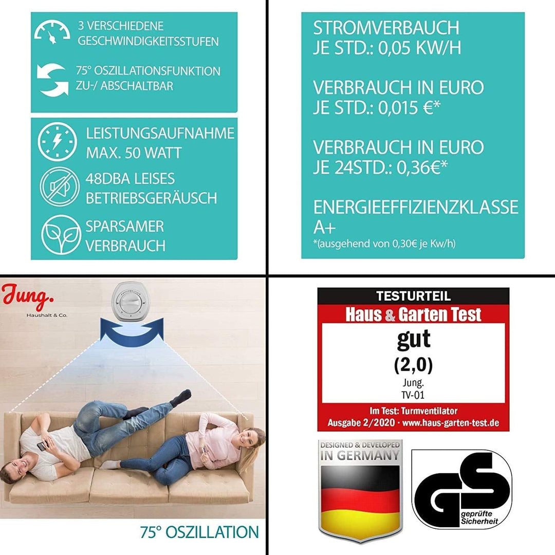JUNG TVE19 Ventilator mit Fernbedienung 80cm weiss, TÜV geprüft, Sehr Leise Turmventilator mit 7 Std