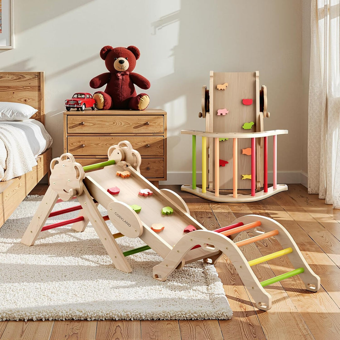 COSYLAND 8-in-1 Montessori Klettergerüst Indoor ab 1 Jahr – Kletterdreieck mit Rutsche, Kletterbogen