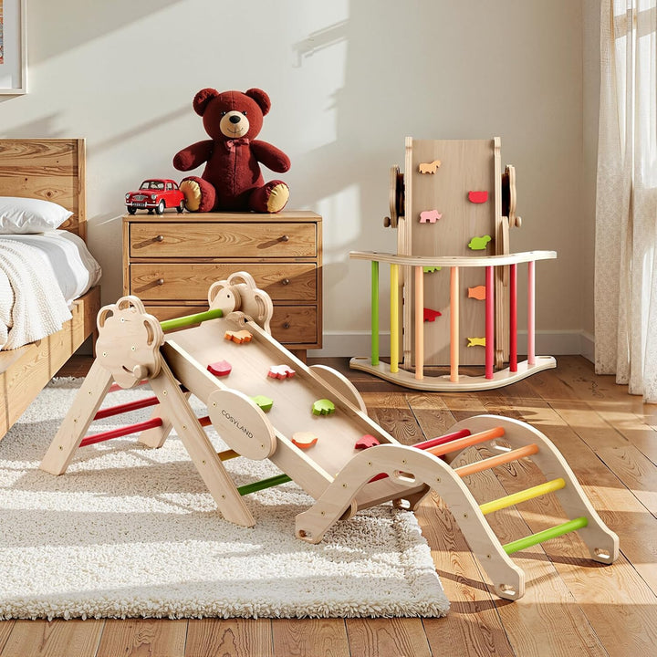 COSYLAND 8-in-1 Montessori Klettergerüst Indoor ab 1 Jahr – Kletterdreieck mit Rutsche, Kletterbogen