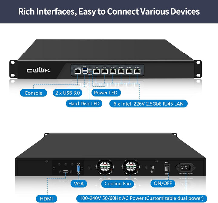 CWWK 1U N100 Firewall Appliance, 19” Rackmount Mini PC, 6 Ports i226-V 2.5GbE LAN, U1 OPNsense Home