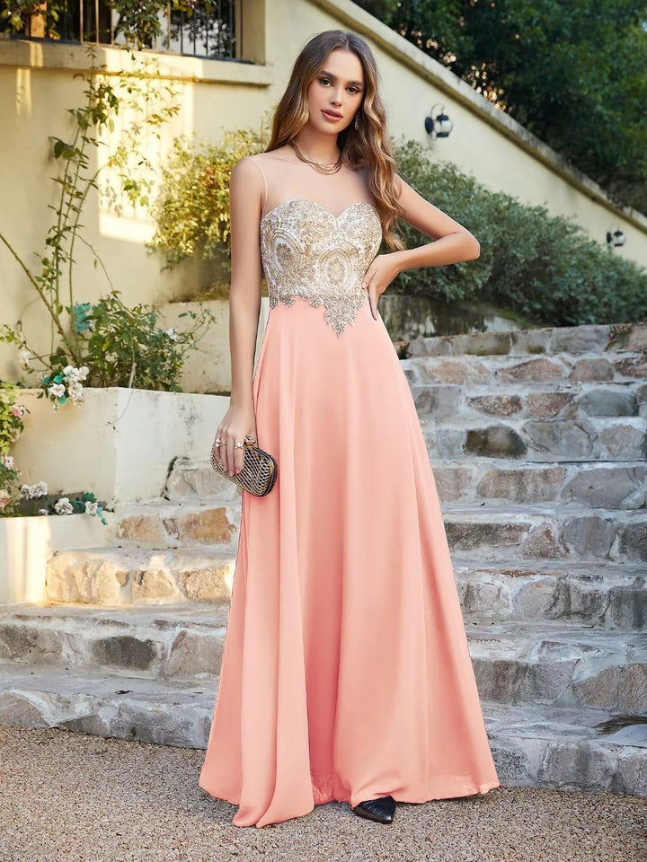 Misshow Abendkleid Chic Lang mit floralen Applikationen aus Chiffon Gr. 32 Dunkelrosa., 32 Dunkelros
