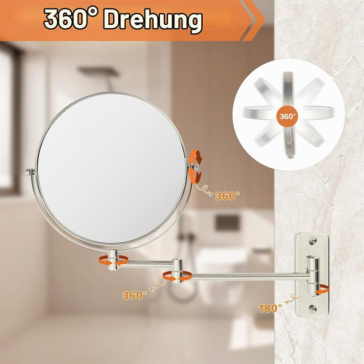 Badspiegel Vergrösserung Wandmontage 8 Zoll (20 cm), 1X/10X Vergrösserungsspiegel doppelseitig, schw