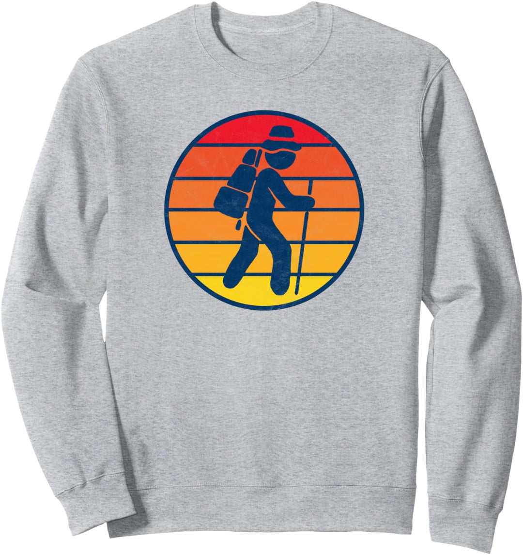Hiker Icon Minimalist 80s Sunset Distressed Hiking Sweatshirt
