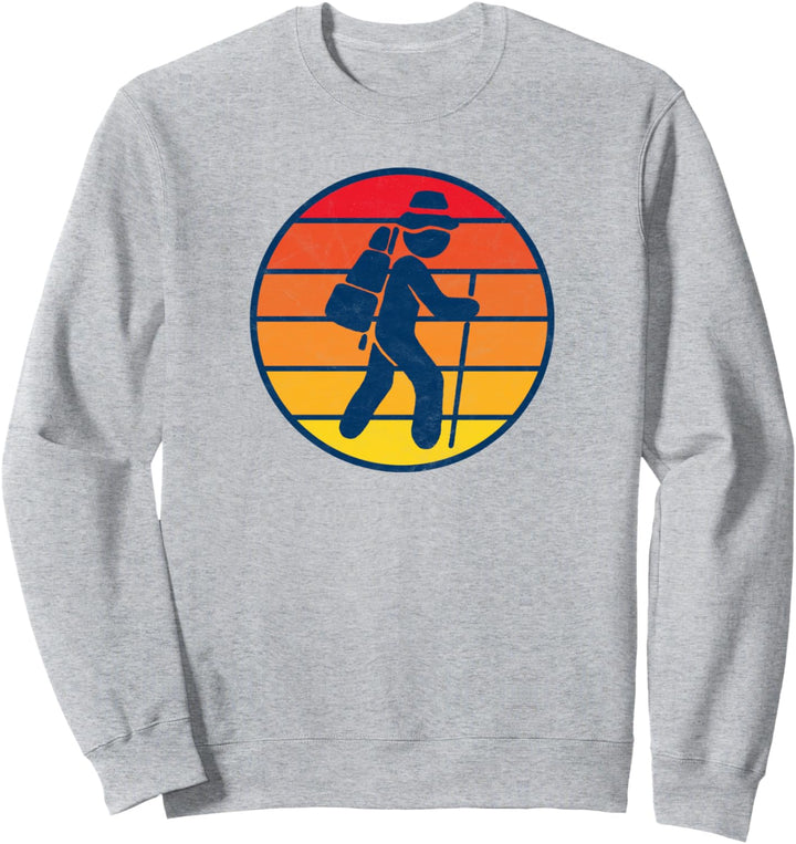 Hiker Icon Minimalist 80s Sunset Distressed Hiking Sweatshirt