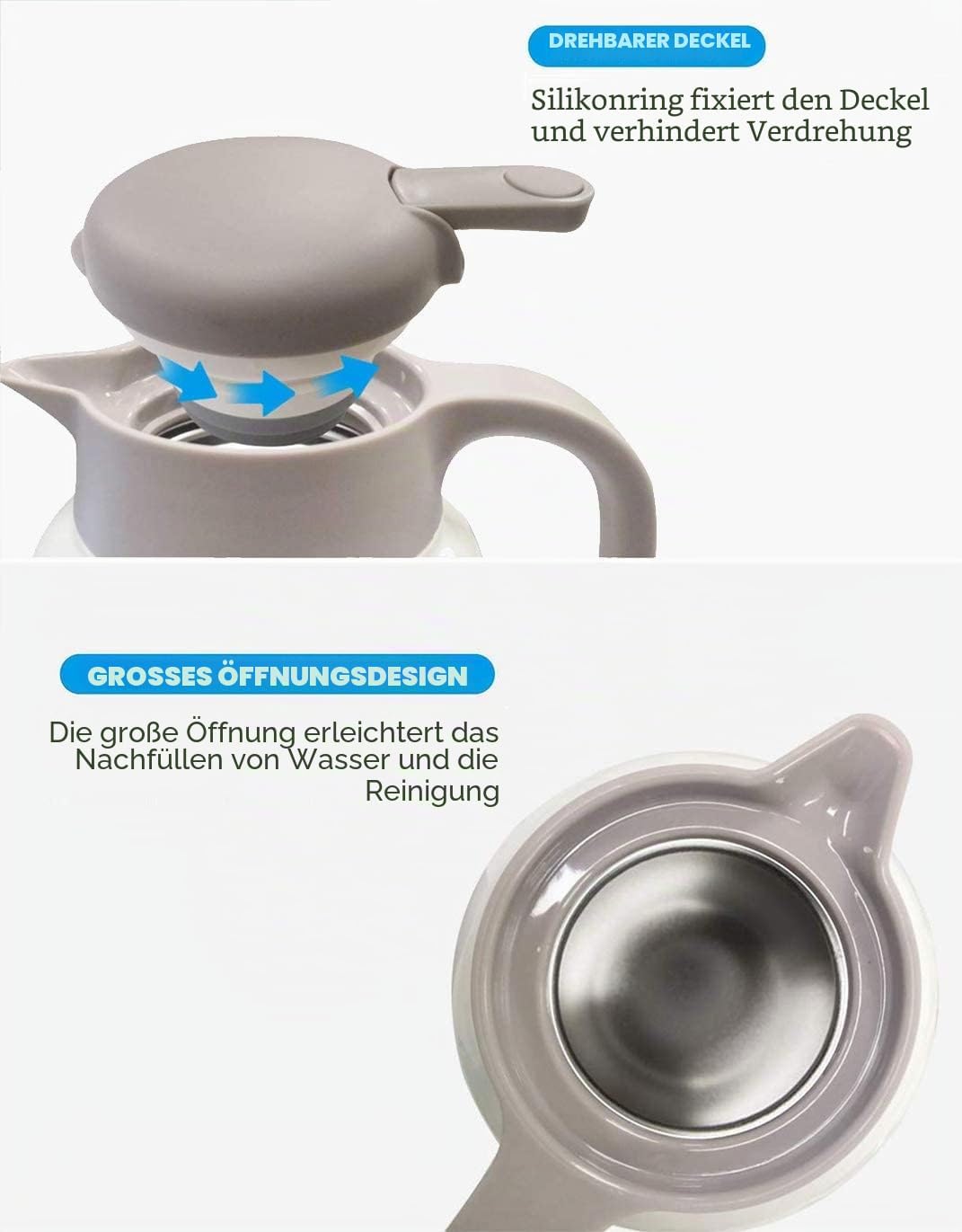 Luvan Thermoskanne 2,0 l, Thermokaraffe aus Edelstahl, Warmhaltefunktion, kalt, 24 Stunden (weiss),