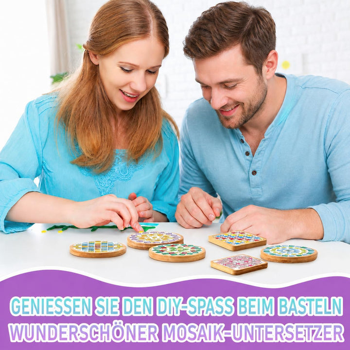 OGMBI 14er Set Mosaik Bastelset Untersetzer, DIY Mosaiksteine Untersetzer Set Mit Glasfliesen & Holz