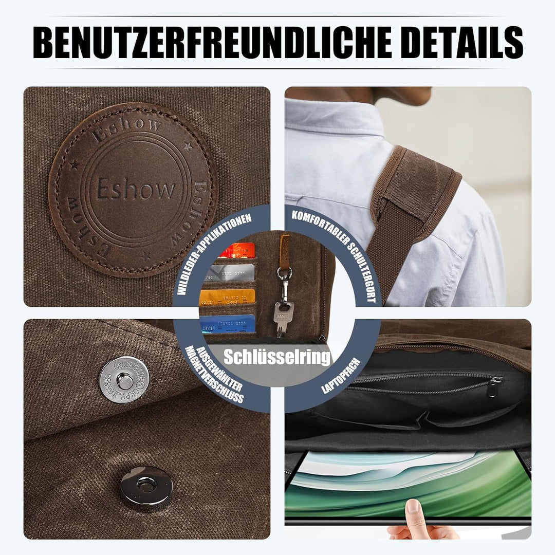 Eshow Umhängetasche Herren 15,6 Zoll Wasserabweisend, Laptoptasche Messenger Bag aus Echtleder und C