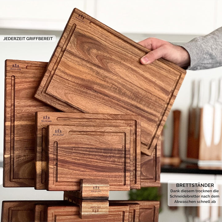 WALDLAND Premium Schneidebrett Holz 4er Set (40x30, 33x24, 27x18, 21x15) I inkl. Brettständer I Holz