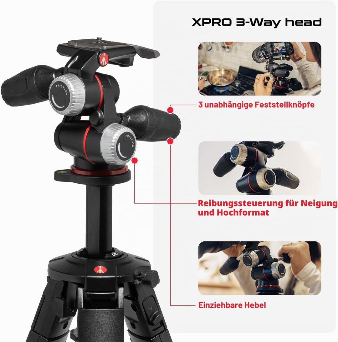 Manfrotto ONE Photo, Aluminium‑Stativ‑Kit mit XPRO 3‑Wege‑Kopf, 12 kg Tragkraft, 90° Horizontalsäule