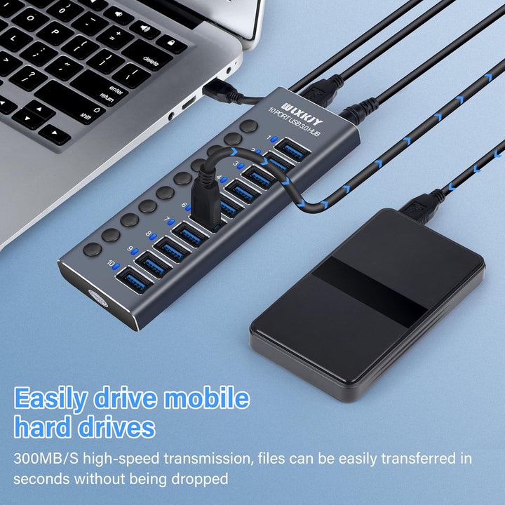 Aktiver 3.0 USB Hub mit 72W (24V/3A) Netzteil, 10 Aluminium Ports USB 3.0 Hub zum Laden und Hochgesc