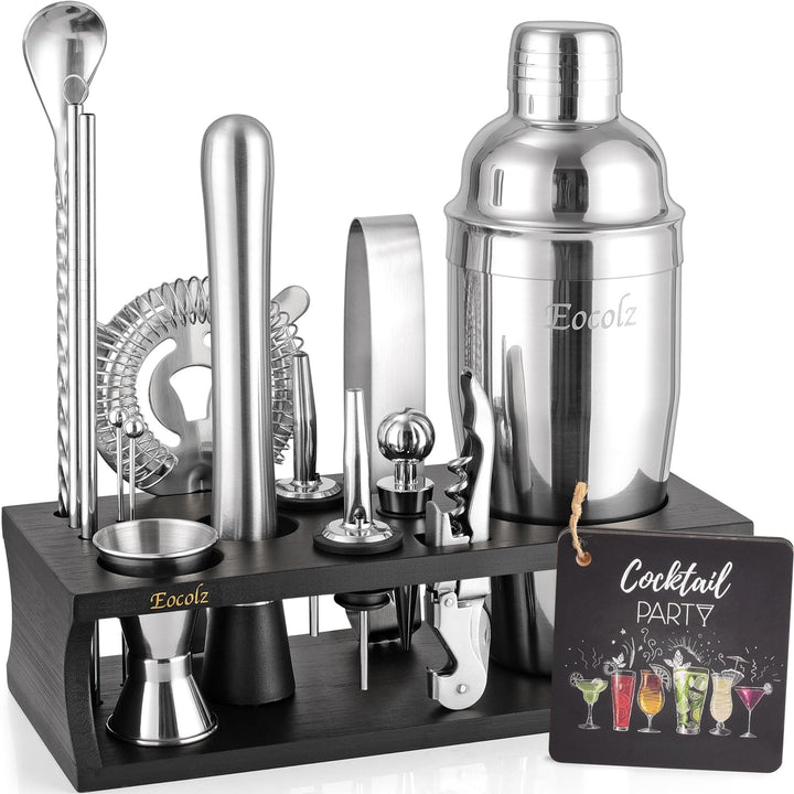 Cocktail Shaker Set mit Bambus Ständer & Rezeptbuch, Edelstahl 750ml Bar Cocktailset Cocktailshaker