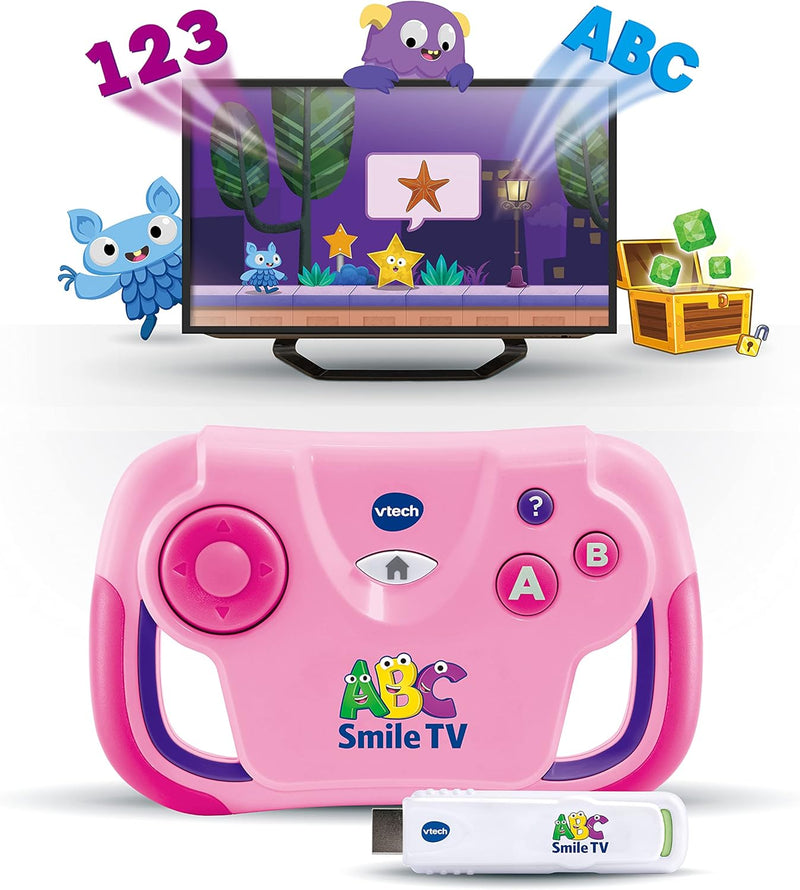 VTech ABC Smile TV pink – Kabellose Lernkonsole mit HDMI-Stick für den Fernseher mit 15 Spiel-Level