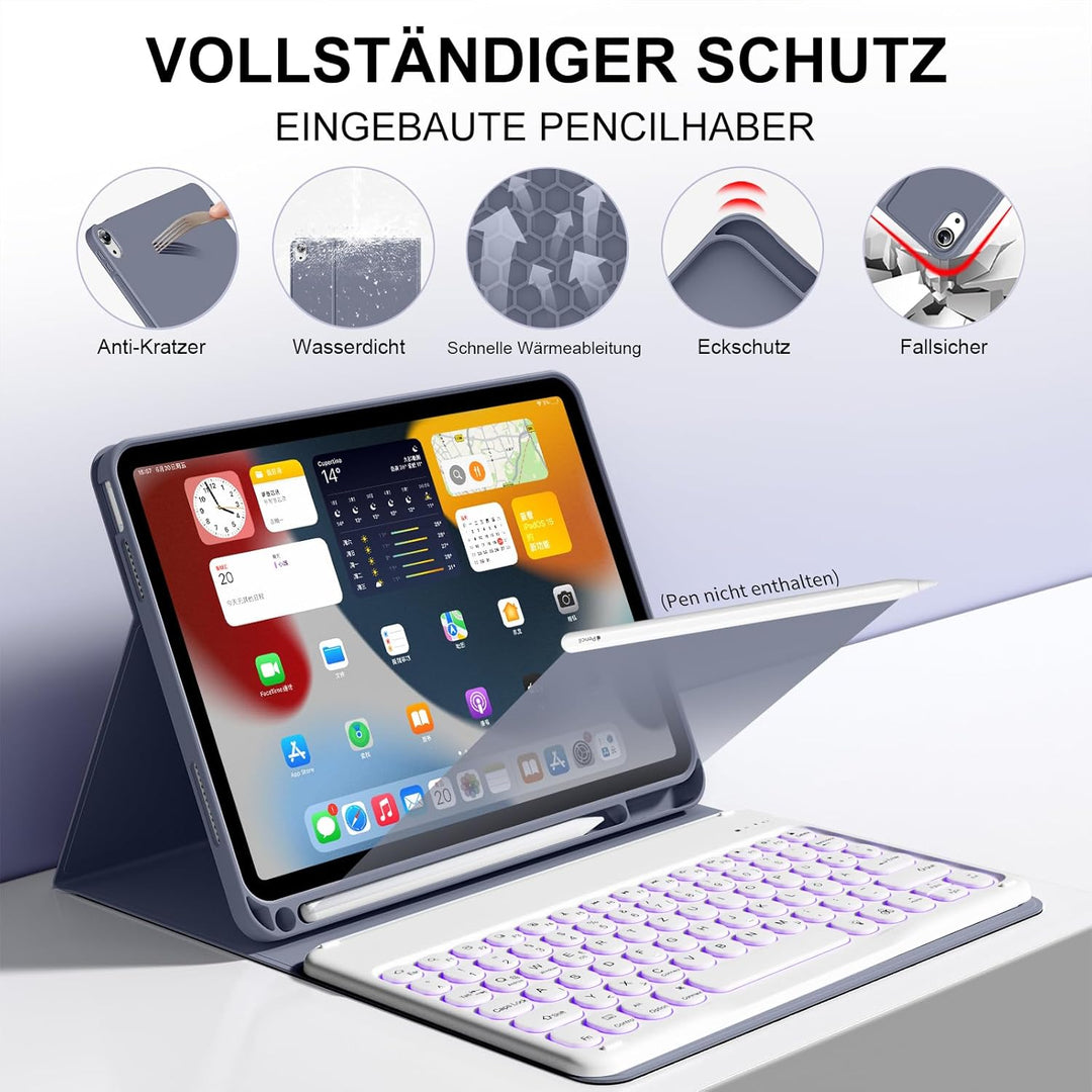 Hülle mit Tastatur für iPad 11 Generation A16/10 Generation (11/10.9 Zoll,2025/2022),7-farbige Beleu
