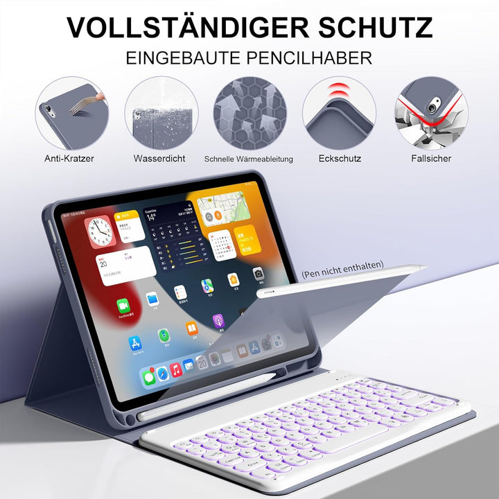 Hülle mit Tastatur für iPad 11 Generation A16/10 Generation (11/10.9 Zoll,2025/2022),7-farbige Beleu