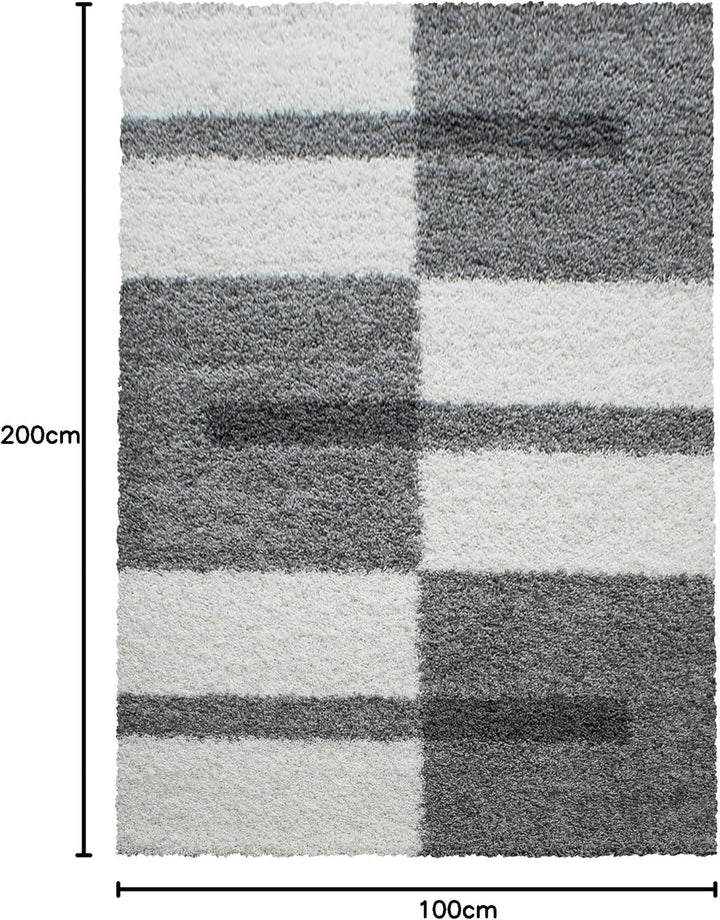 Carpetsale24 Hochflor Teppich 100 x 200 cm Hellgrau – Weicher Shaggy Flokati im Karierten Design – D