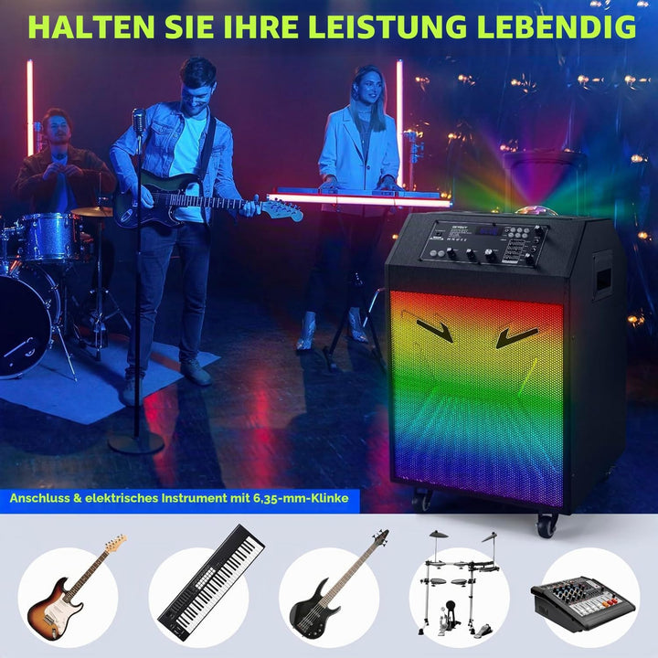 Karaoke Maschine Ankuka Karaoke Anlage mit 2 drahtlosen Mikrofonen Bluetooth PA Anlage mit Rädern un