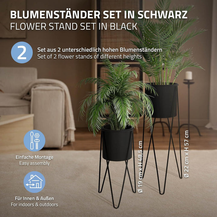 ML-Design Blumenständer 2er Set, Schwarz, 27x27x48,5 cm/35,5x34x75 cm, aus Stahl, Metallgestell Pfla