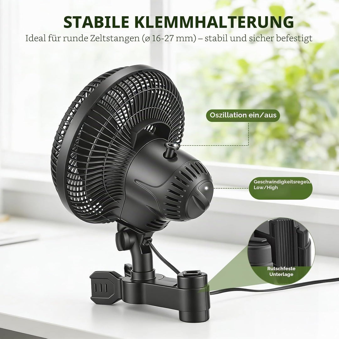 Grow Clip-Ventilator 25W, Oszillierender Klemmbar 22cm Durchmesser für Growzelt Growbox mit 1.5m lan