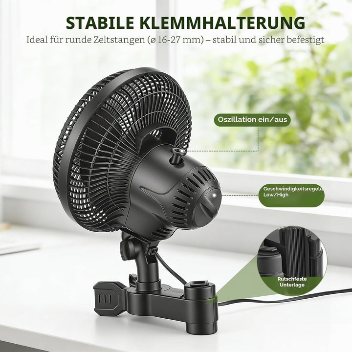 Grow Clip-Ventilator 25W, Oszillierender Klemmbar 22cm Durchmesser für Growzelt Growbox mit 1.5m lan