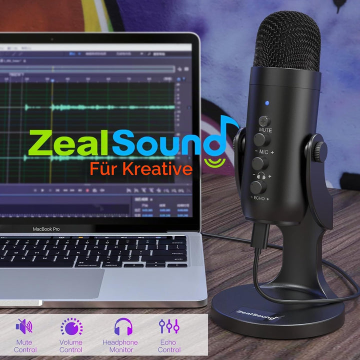 zealsound USB Mikrofon - Kondensatormikrofon für PC und Handy, mit Stummschaltung, Rauschunterdrücku