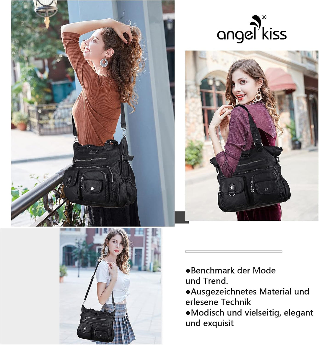 Angel Kiss Handtasche Damen Schultertasche Multifunktionale Umhängetaschen Gewaschenes Veganes Leder