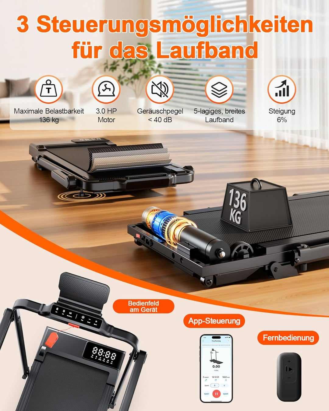 Walking Pad mit Steigung 6% Lacuffy, Laufband für Zuhause 6km/h & 12km/h mit Fernbedienung und App,