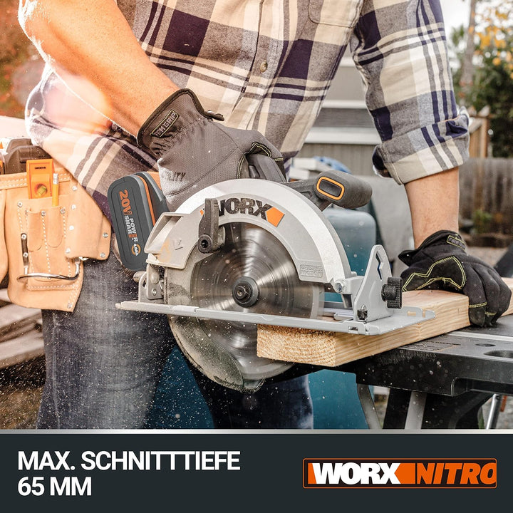 WORX NITRO WX520 Akku-Kreissäge – 190mm Schneideblatt – leistungsstarke bürstenloser Motor – 6100 U/