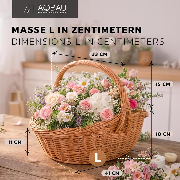Geschenkkorb L mit Henkel, Weidenkorb Geflochten Natur, Präsentkorb für Geschenke und Ostern, 41 x 3