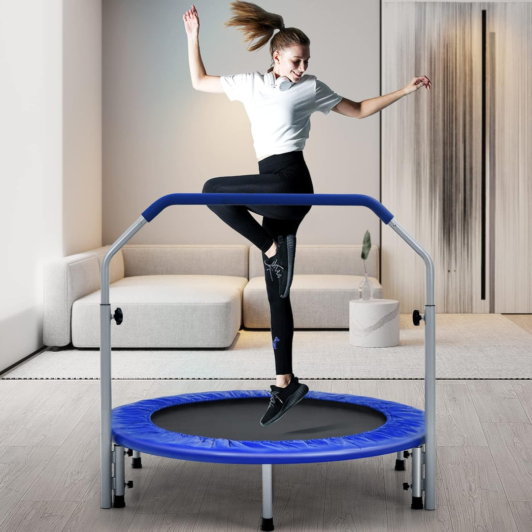 GOPLUS Fitnesstrampolin Indoor, φ101cm Mini Trampolin mit höhenverstellbarer Haltegriff, klappbares