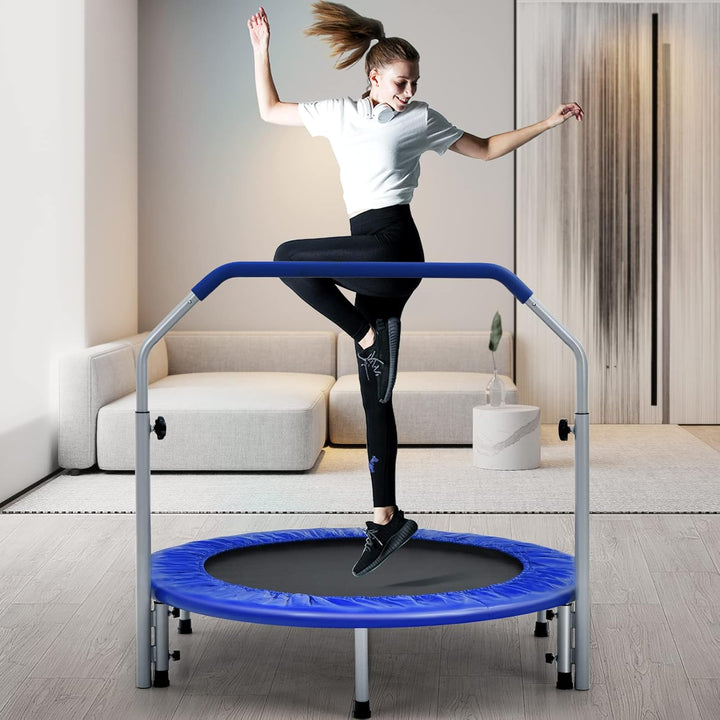 GOPLUS Fitnesstrampolin Indoor, φ101cm Mini Trampolin mit höhenverstellbarer Haltegriff, klappbares