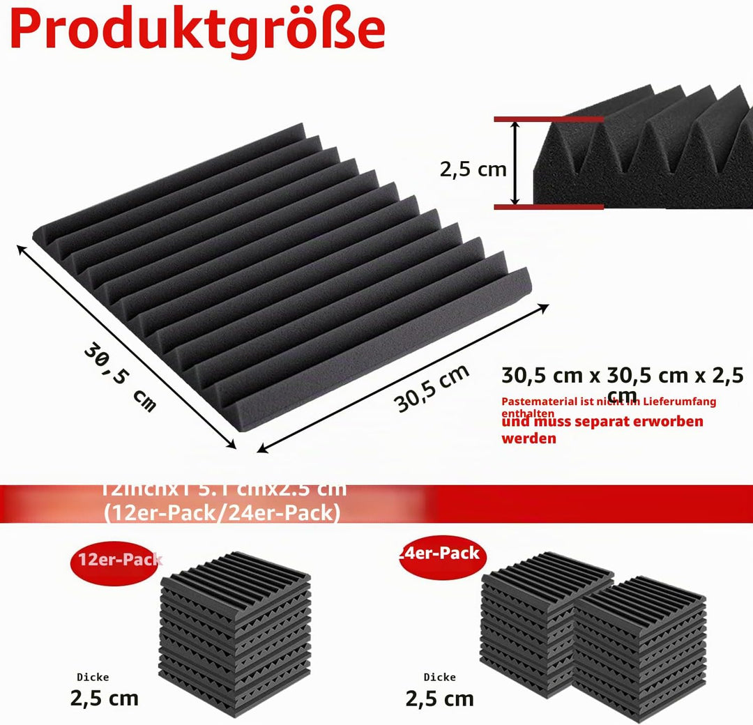 FONESO 48 Stück Akustikpaneele, 2.5x30.5x30.5 cm, schalldichte Schaumstoffplatten für Wände, Keilsch