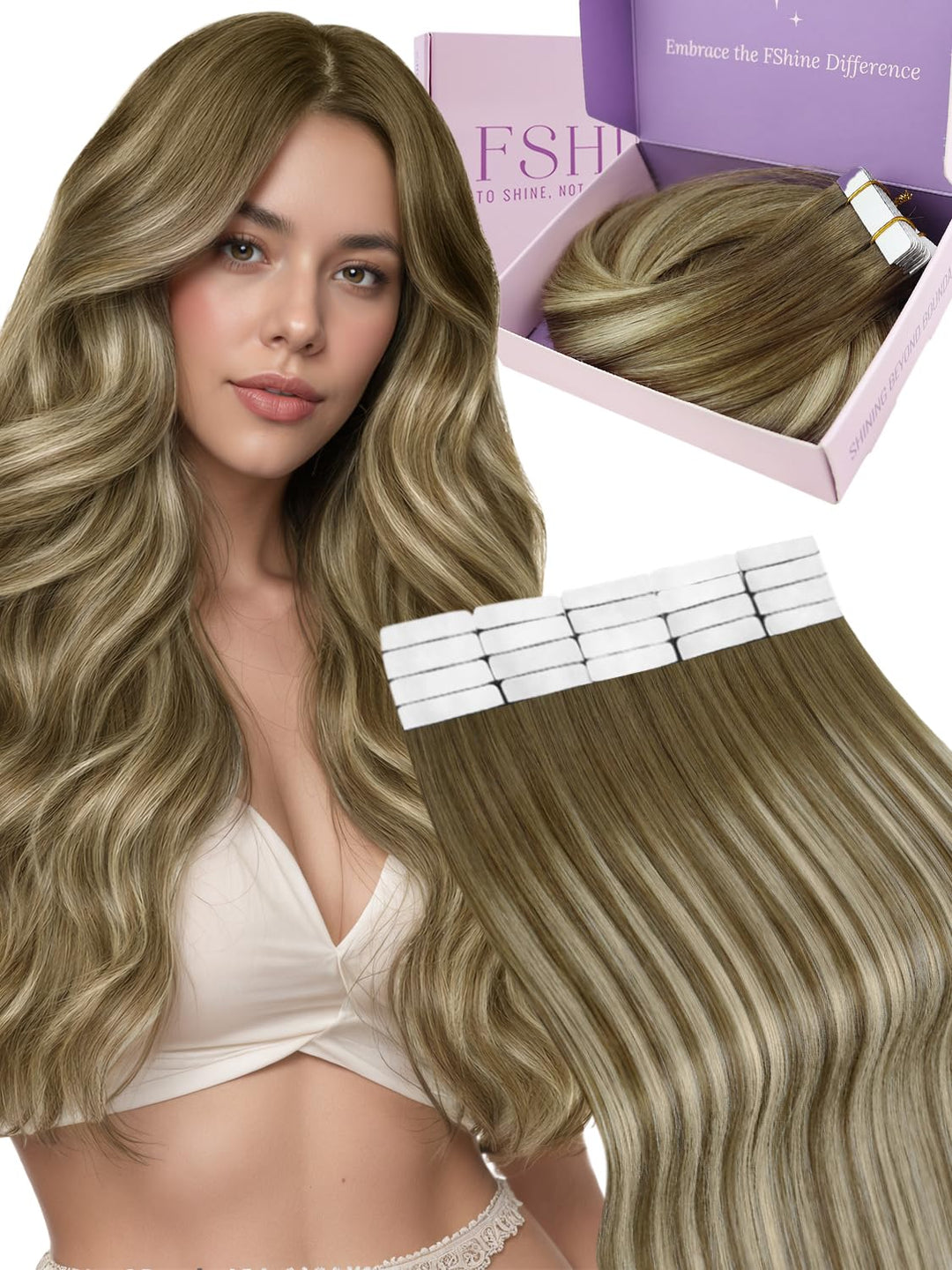 Fshine Tape Extensions Echthaar Balayage Mittelbraun bis Platinblond 30cm 30g Echthaar Extensions Ta