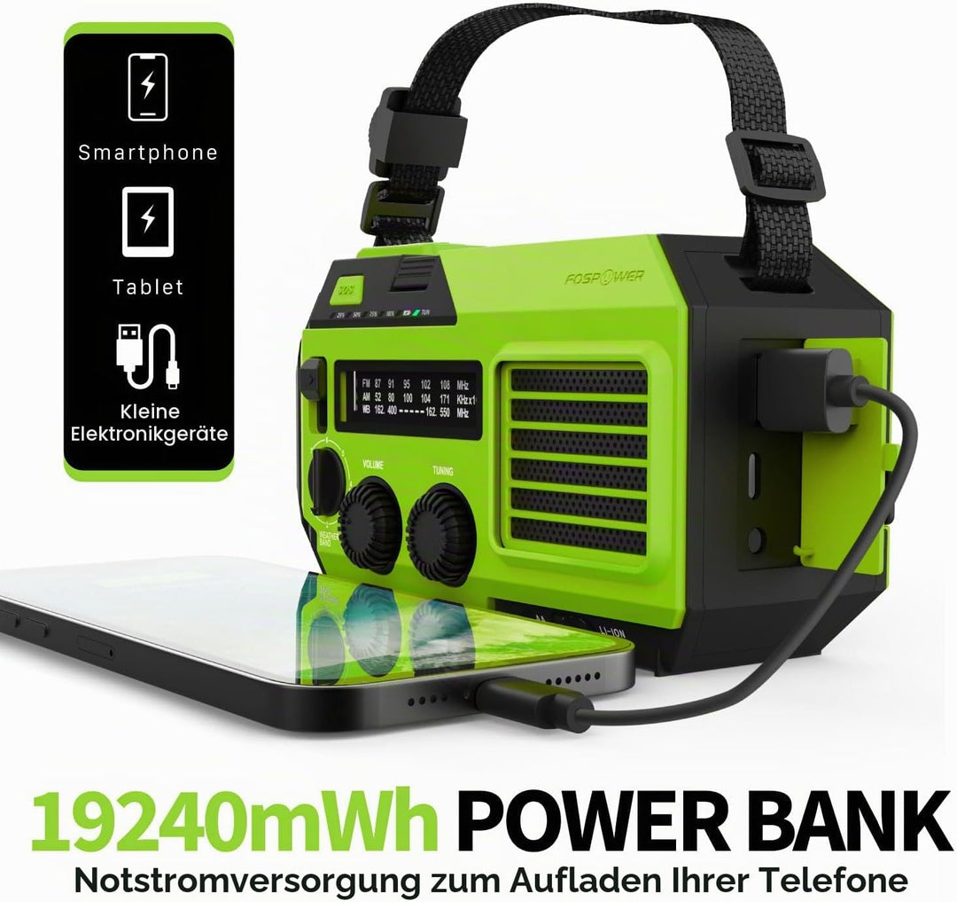 FosPower - Notfallradio NOAA/AM/FM mit 19240mWh (5200mAh) Tragbare Powerbank - Aufladung per USB/Sol