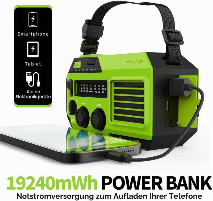 FosPower - Notfallradio NOAA/AM/FM mit 19240mWh (5200mAh) Tragbare Powerbank - Aufladung per USB/Sol