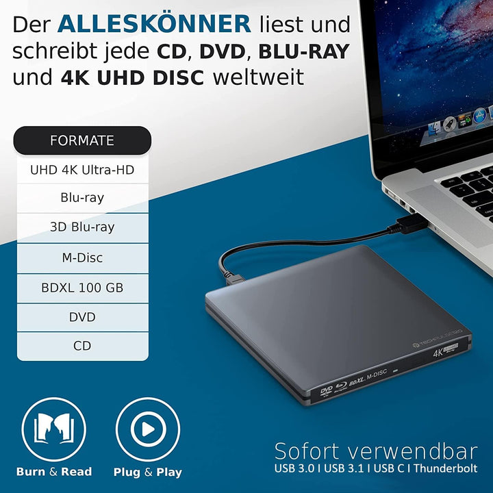 techPulse120 Externes USB 3.1 Blu-ray DVD CD USB-C UHD 4k 3D M-DISC BDXL HDR10 128GB Laufwerk Brenne