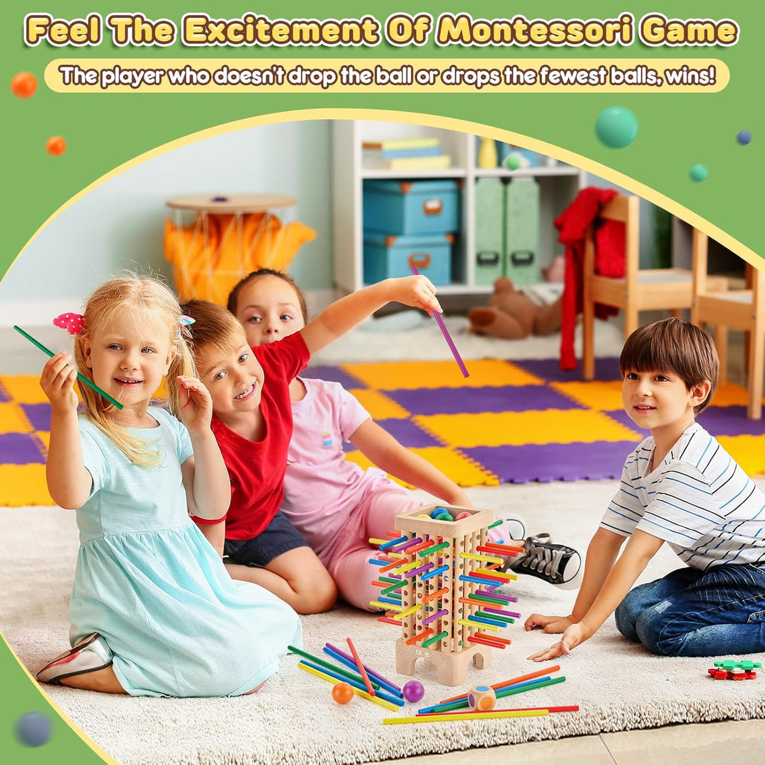 Montessori Spiel Brettspiel aus Holz, Würfelspiel für die Familie, 42 Stück Holzstäbchen Feinmotorik