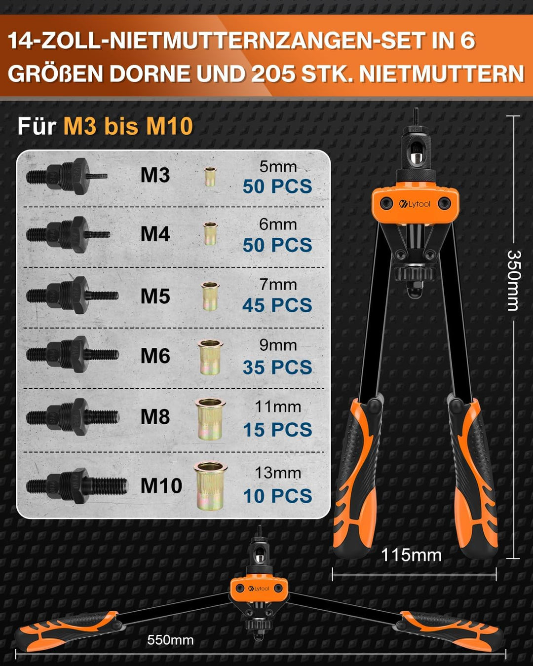 Nietmutternzange Set, Lytool Blindnietmutternzange mit 205 Stk. Nietmuttern in 6 Grösse Dorne Nietma
