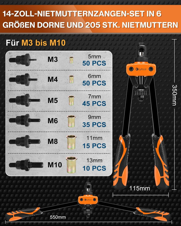 Nietmutternzange Set, Lytool Blindnietmutternzange mit 205 Stk. Nietmuttern in 6 Grösse Dorne Nietma
