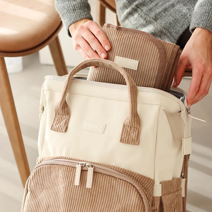LIINI® Wickelrucksack Cord Braun – 29L Wickeltasche Rucksack mit Wickelunterlage, Kinderwagen-Halter